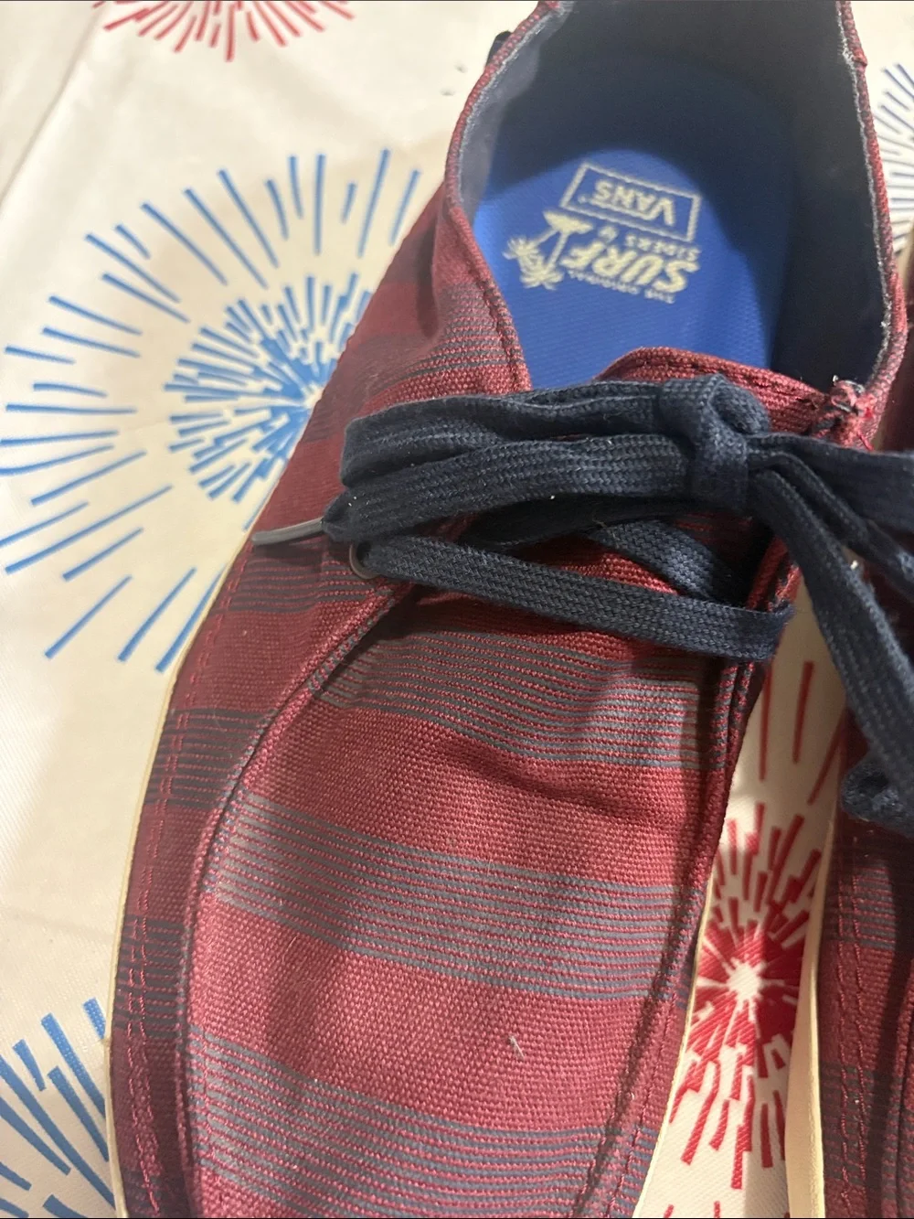 Vans Men’s Burgundy and Navy Striped Surf Siders